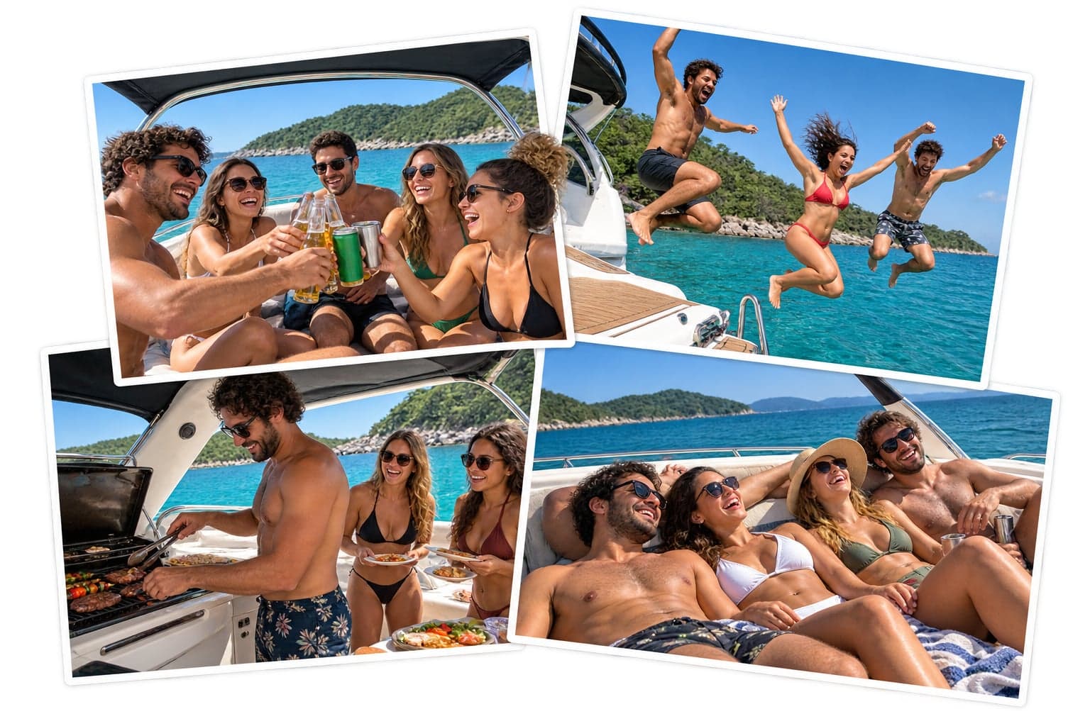 Grupo de amigos em uma lancha em Florianópolis: brindando, pulando no mar, fazendo churrasco a bordo e relaxando ao sol